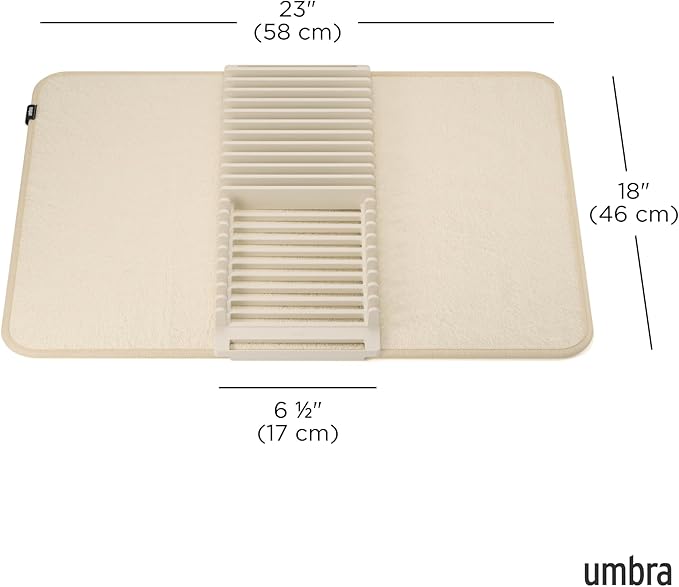 Umbra Udry Dish Rack and Microfiber Drying Mat – Space-Saving Design Folds Up for Easy Storage, Basic Rack, Linen