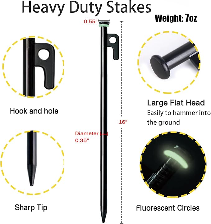 12 Pack Tent Stake with Hammer, 16in Heavy Duty Tent Stakes + 10in Camping Hammer+Storage Pouch, Forged Steel Tent Stakes for Camping Used on Rocks(12 Pack 16in Stakes+Hammer