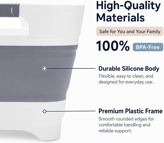 Collapsible Dish Basin with Drain Plug, 2.4 Gal 9L Foldable Wash Basin, Portable Sink Tub for Kitchen, Baby Bottles, Camping, RV, Vegetable Washing and Beverage Tub, Gray