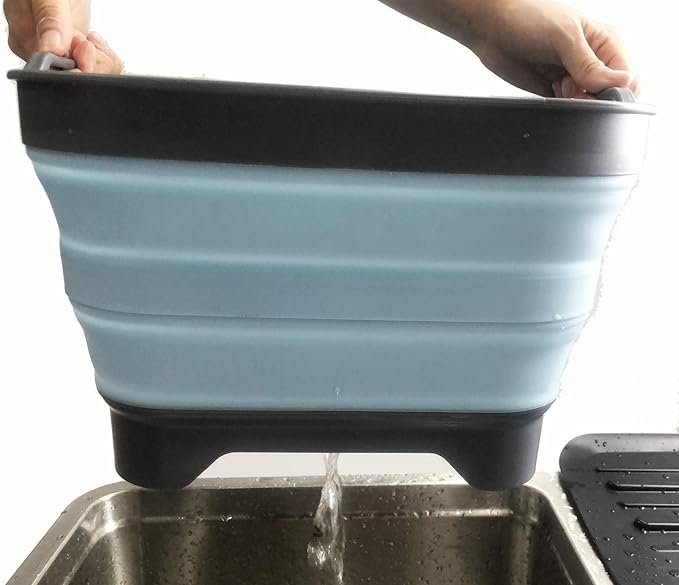 SAMMART 10L (2.64 Gallon) Collapsible Dishpan with Draining Plug - Foldable Washing Basin - Portable Dish Washing Tub - Space Saving Kitchen Storage Tray (1, Grey/Sea Angel)