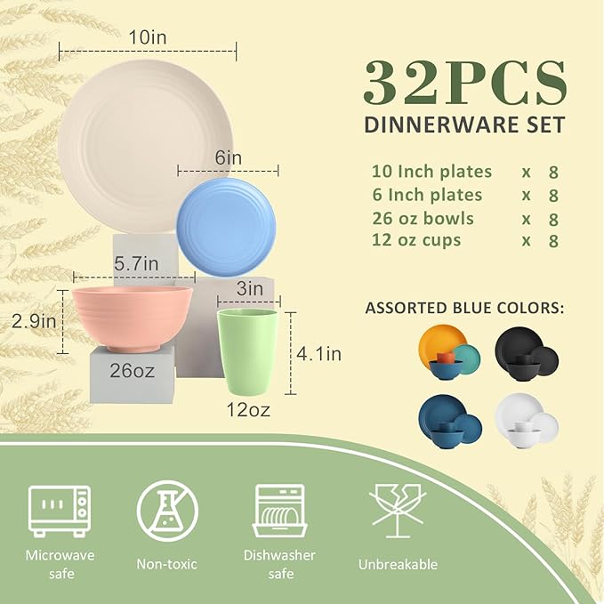Wrova Wheat Straw Dinnerware Set of 32, Unbreakable Dinner Plates and Bowls Sets Service for 8, Microwave & Dishwasher Safe Dishes Set for Kitchen and Dining.Nordic Series