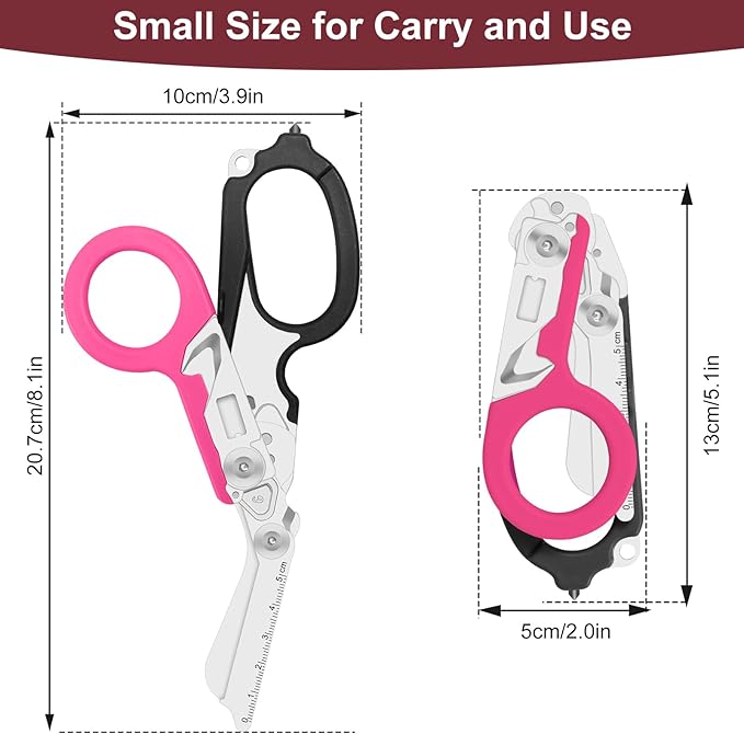 trauma shears, foldable emergency scissors, combining 6 functions into one, suitable for outdoor camping, emergency rescue, and wilderness survival. (black-pink)
