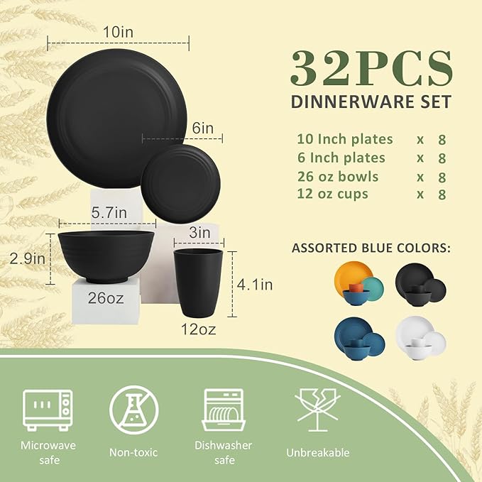 Wrova 32-piece Kitchen Alternative Melamine Wheat Straw Dinnerware Sets,Unbreakbale Dishwasher Safe Kitchen Bowls and Plates Sets with Cups,Apartment Essential Dishes Set for 8.Black Series