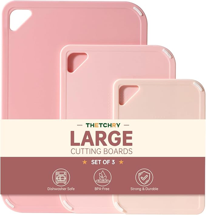 THETCHRY Plastic Cutting Board Set, Pink Cutting Board with Non-slip, Cutting Board for Kitchen Set of 3, Dishwasher Safe, BPA Free, Reversible, with Grip Handle, Pink