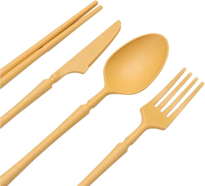 Lyellfe 44 Pieces Wheat Straw Dinnerware Sets, Unbreakable Camping Plates Cups and Bowls Set, Lightweight Kitchen Dish with Knives, Forks, Spoons, Dishwasher Microwave Safe