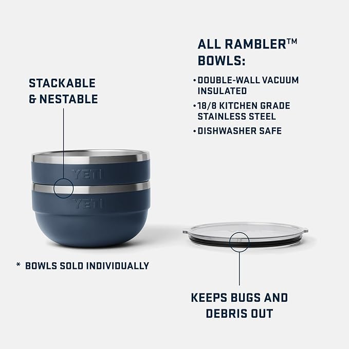 YETI Rambler Bowl, Vacuum Insulated, Stackable and Nestable Stainless Steel Bowl with Lid, 2 Quart, Navy