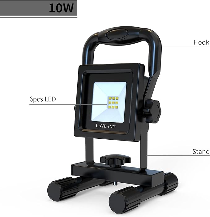 Rechargeable LED Work Lights,10W 2200mAh,600Lumens Portable Tiltable Waterproof Flood Lights with Stand, Men Tools for Outdoor Garage Emergency(10W Black)