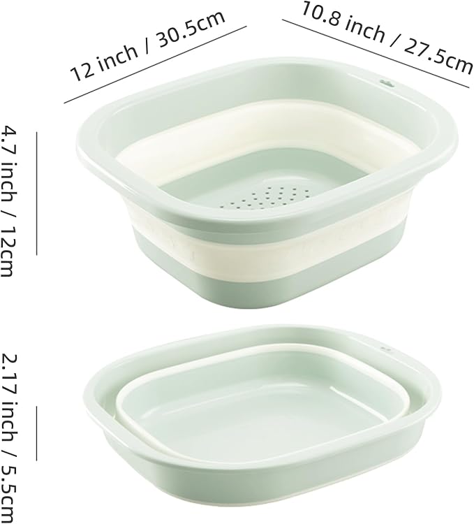 Collapsible Dish Basin with Colander, Foldable 2-in-1 Dish Pan and Strainer Set with Drain Holes, Portable Wash Basin for Kitchen Sink, Camping, Travel & RV (Green)