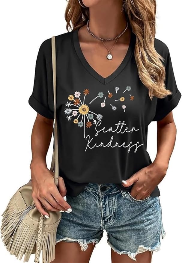 Graphic V Neck Shirt for Women Boho Floral Wildflowers Tee Casual Cottagecore Summer T-Shirt Blouse