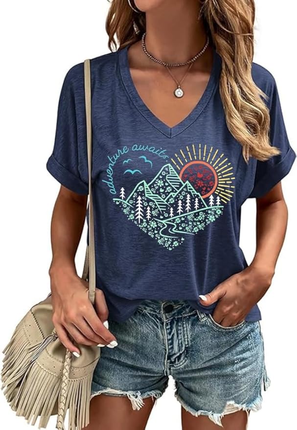 Graphic V Neck Shirt for Women Boho Floral Wildflowers Tee Casual Cottagecore Summer T-Shirt Blouse