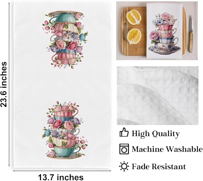 2PCS Watercolor Rose Kitchen Towels, Flower Coffee Cup Waffle Weave Dish Tea Hand Towels for Home, Dinner Party, Wedding Gift, Home Decor, Housewarming Farmhouse Gifts for Women Friend