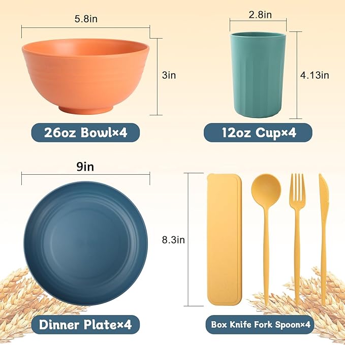 PYRMONT Wheat Straw Dinnerware Sets Unbreakable Dish Set for 4 Dishwasher & Microwave Safe Plates and Bowls Sets 28 PCS Alternative Plastic Dishes Set for Camping,Picnic,BBQ-Colorful