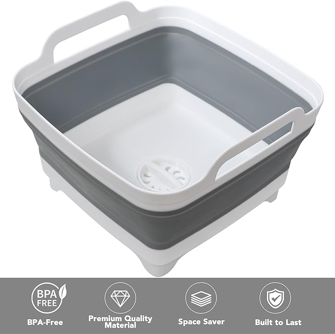 Dishpan for Washing Dishes, 2.4Gal/9L Wash Basin with Draining Plug Carry Handles, Collapsible Bucket for Cleaning, Portable Sink, Foldable Plastic Tub