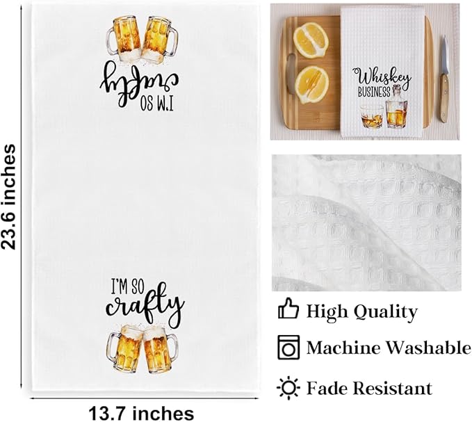 2Pcs Funny Kitchen Towels 24x14 Inch, Beer Whiskey Alcohol Decor Waffle Weave Hand Towels for Kitchen Bar, White Absorbent Microfiber Dish Cloth Tea Towel Housewarming Gifts for Women Hostess