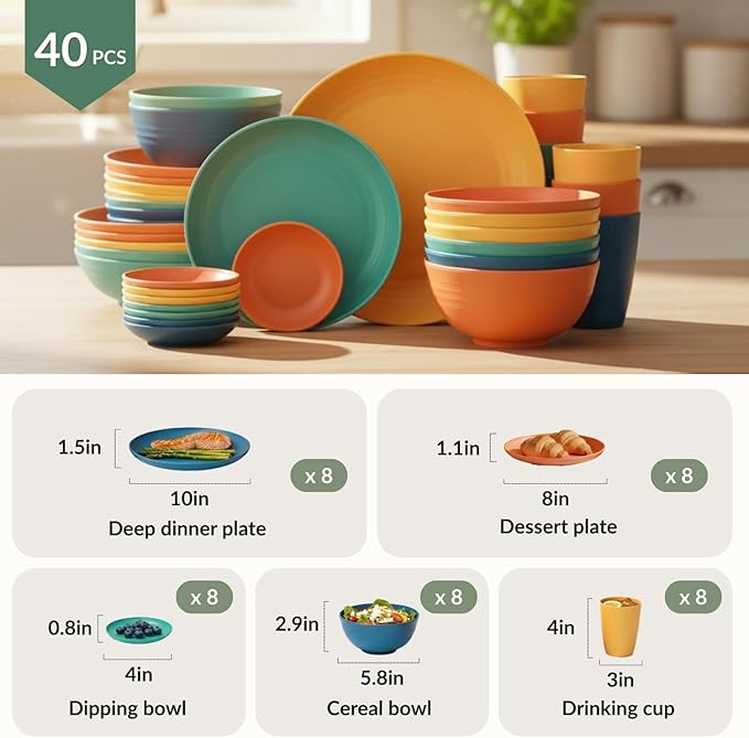 Homienly 40-Piece Unbreakable Wheat Straw Dinnerwave Sets Plates and Bowls Sets for Kitchen, RV, Dorm, Lightweight Camping Dishes Set, Service for 8, Microwave and Dishwasher Safe Dish Sets (Multi)
