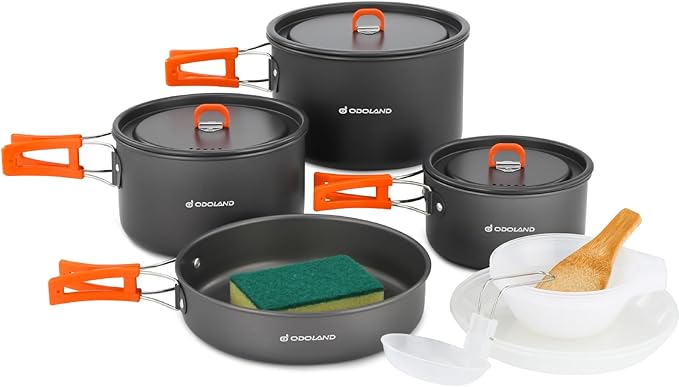Odoland 15pcs Camping Cookware Non-Stick Lightweight Camping Pots and Pans Set with Kettle Plastic Plates Bowls Soup Spoon for Camping, Backpacking, Outdoor Cooking and Picnic