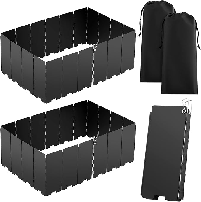 MorningRo 2 Pcs 40 Plate Chafing Dish Wind Stove Camping Guard 67 x 7.8'' Stainless Steel Wind Cover Folding Outdoor Windscreen with Drawstring Bag for Camp Picnic Burner Guard (Black)