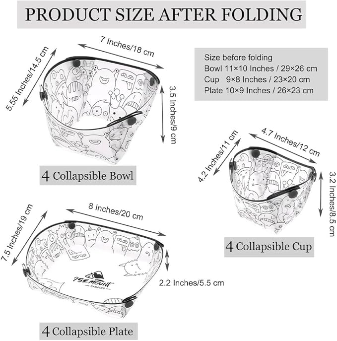 MIUPOO Collapsible Bowl Plate Cup Set,Portable Mess Kit,Food Grade Material Free Folding Plate for Lunch Family Picnic,Collapsible Set of 12, 3 Sizes.