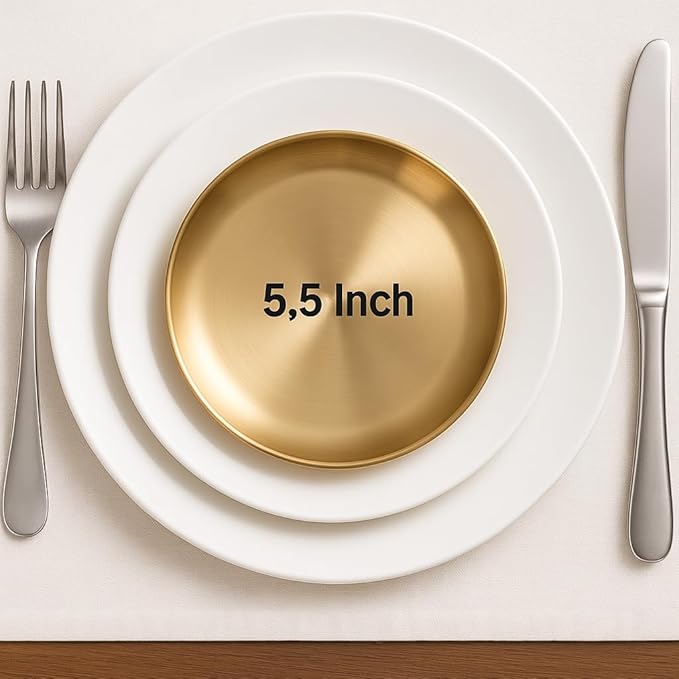 Stainless Steel Gold Plates 2 Set Round Stainless Steel Dinner Dishes Metal Trays 5.5 Inch Great for Picnic,Outdoor Camping Plate,Shatterproof, Dishwasher Safe