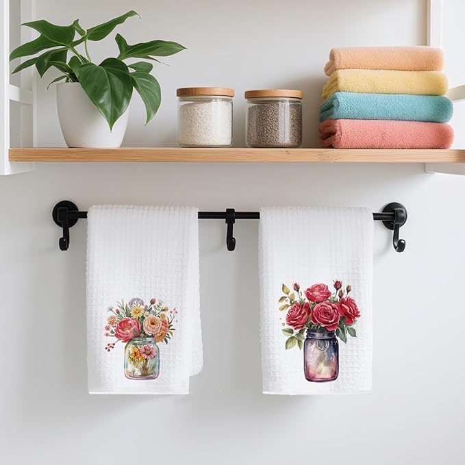 2PCS Watercolor Rose Kitchen Towels, Flower Vase Glass Waffle Weave Dish Tea Hand Towels for Home, Dinner Party, Wedding Gift, Home Decor, Housewarming Farmhouse Gifts for Women Friend