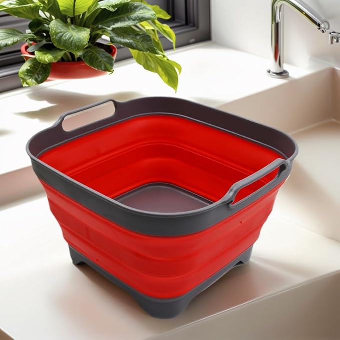 SAMMART 10L (2.64 Gallon) Collapsible Dishpan with Draining Plug - Foldable Washing Basin - Portable Dish Washing Tub - Space Saving Kitchen Storage Tray (1, Grey/Red)