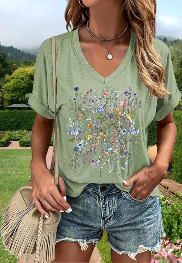 Graphic V Neck Shirt for Women Boho Floral Wildflowers Tee Casual Cottagecore Summer T-Shirt Blouse