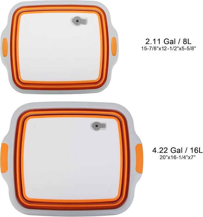 Collapsible Cutting Board with Container, Foldable Camping Sink with Colander, BBQ Prep Tub with Lid, Multifunction Dish Basin for Kitchen, Bowl, Vegetable and Fruit, 2.11 Gal/8L Storage Basket