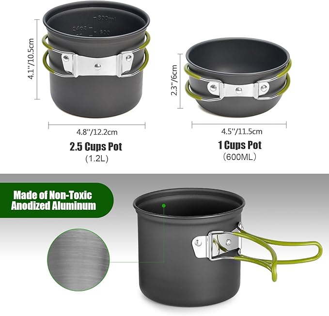 Odoland 8pcs Camping Cookware Mess Kit, Camping Pot and Pan Set with Mini Backpacking Stove, Stainless Steel Cup, Spork and Tank Bracket, Cooking Gear for Outdoor, Hiking, Picnic, Campfire