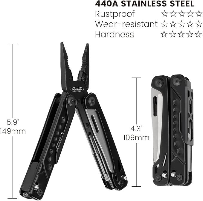 PERWIN Multitool, 20-in-1 Stainless Steel Multi Tools Pliers with Nylon Sheath, Safe Locking, Professional Multi-Tool for Survival, Camping and Hunting, Black