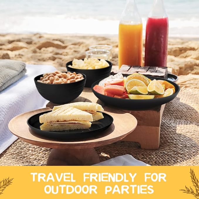 Teivio 16-Piece Kitchen Plastic Wheat Straw Dinnerware Set, Service for 4, Dinner Plates, Dessert Plate, Cereal Bowls, Cups, Unbreakable Plastic Outdoor Camping Dishes, Black Matte