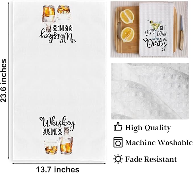 2Pcs Funny Kitchen Towels 24x14 Inch, Whiskey Dirty Alcohol Decor Waffle Weave Hand Towels for Kitchen Bar, White Absorbent Microfiber Dish Cloth Tea Towel Housewarming Gifts for Women Hostess