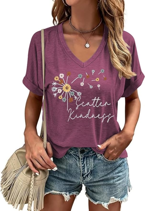 Graphic V Neck Shirt for Women Boho Floral Wildflowers Tee Casual Cottagecore Summer T-Shirt Blouse