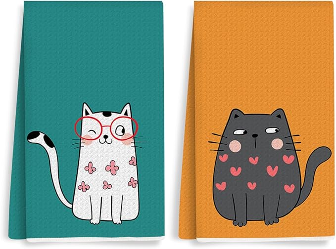 2PCS Cute Cat Kitchen Towels, Cat Themed Gifts Reusable Absorbent Waffle Weave Dish Tea Towels for Cleaning Cooking Baking, Cats Lovers Gifts for Women Microfiber Kitchen Towel, Housewarming Gift