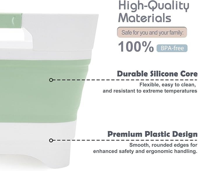 Collapsible Dish Basin with Drain Plug, 2.4 Gal 9L Foldable Wash Basin, Portable Sink Tub for Kitchen, Baby Bottles, Camping, RV, Vegetable Washing and Beverage Tub, Green
