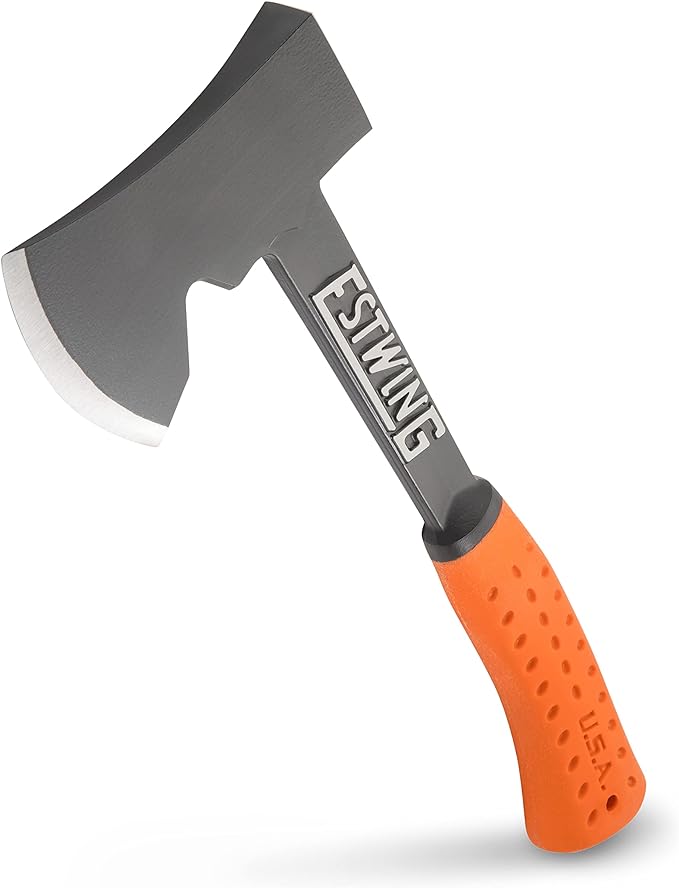 ESTWING Camper's Axe - 14" USA Made Black Hatchet with Tent Stake Puller & Hi-Vis Orange Shock Reduction Grip - EO-25A