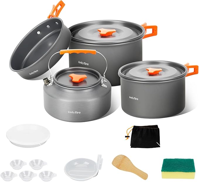 ONLYFIRE OUTDOOR LIVING15pcs Camping Cookware Set, Lightweight Nonstick Pots, Pan, Kettle, Utensils, Bowls, and Cleaning Tool with Mesh Bag for Camping Hiking Backpacking RV Tailgating Cooking, CT605