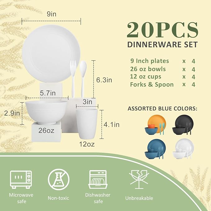 Wrova Wheat Straw Dinnerware Sets with Flatwares,20-piece Dishwasher Safe Kitchen Plates and Bowls Set,Unbreakable Modern Dish Set Apartment Essentials and Dorm Essentials.(White)