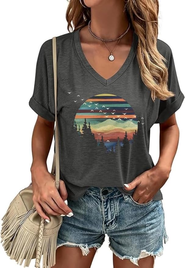 Graphic V Neck Shirt for Women Boho Floral Wildflowers Tee Casual Cottagecore Summer T-Shirt Blouse