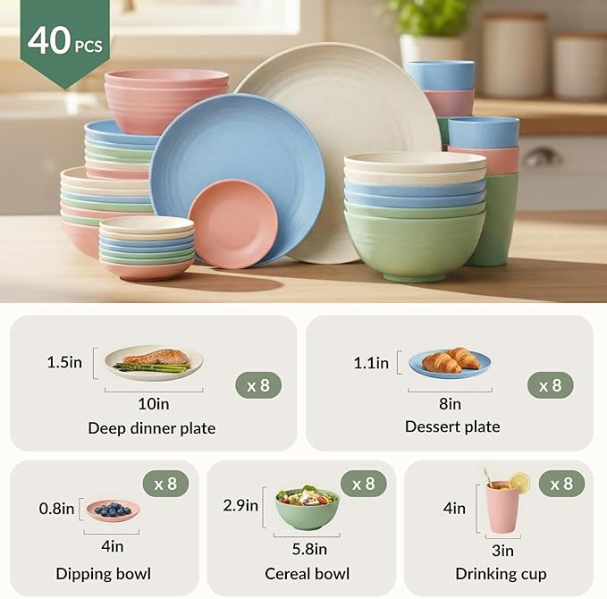 Homienly 40-Piece Dinnerwave Set Service for 8 Unbreakable Kitchen Plates and Bowls Sets - Dinner Plates, Dessert Plates, Soup Bowls, Cup Set, Soy Sauce Dish Microwave & Dishwasher Safe (Light Multi)