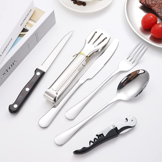 Camping Silverware Silver Picnic Plates and Utensils Set for 4 Portable Tableware Stainless Steel Dinnerware 20 Pieces With Organizer Bag Reusable Durable