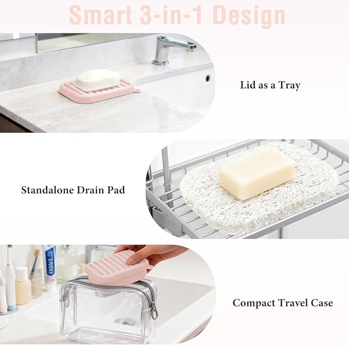 2PCs Silicone Travel Soap Case, Leak-Proof Bar Soap Container with Drain Tray, Portable Travel Soap Dish with Lid for Hiking, Gym, Camping, PortableToiletries Accessories (PinkGrey)