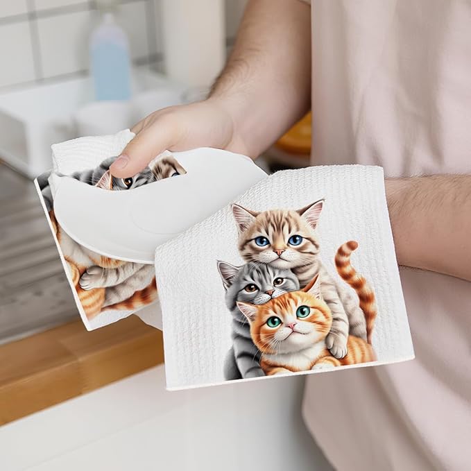 2PCS Cute Cat Kitchen Towels, Cat Themed Gifts Reusable Absorbent Waffle Weave Dish Tea Towels for Cleaning Cooking Baking, Cats Lovers Gifts for Women Microfiber Kitchen Towel, Housewarming Gift-1