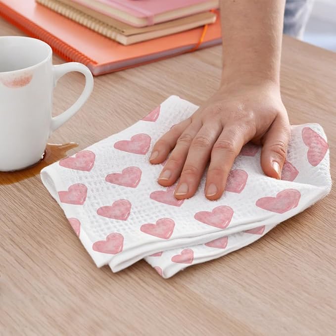 2PCS Pink Heart Love Home Sweet Home Valentine's Kitchen Towels, Valentines Day Decor for Couples, Reusable Absorbent Waffle Weave Dish Tea Towels for Cleaning Cooking, Microfiber Kitchen Towel