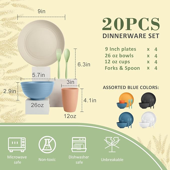 Wrova Wheat Straw Kids Plates and Bowls Sets,Unbreakable Kids Dinnerware sets with Flatwares,Lightweight Reusable Camping Plates and Bowls Sets.Nordic Series