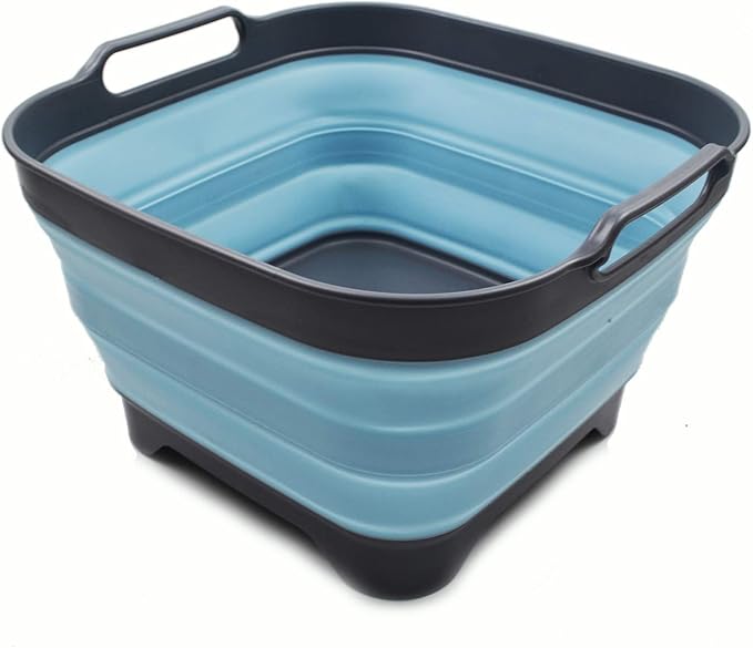 SAMMART 10L (2.64 Gallon) Collapsible Dishpan with Draining Plug - Foldable Washing Basin - Portable Dish Washing Tub - Space Saving Kitchen Storage Tray (1, Grey/Sea Angel)