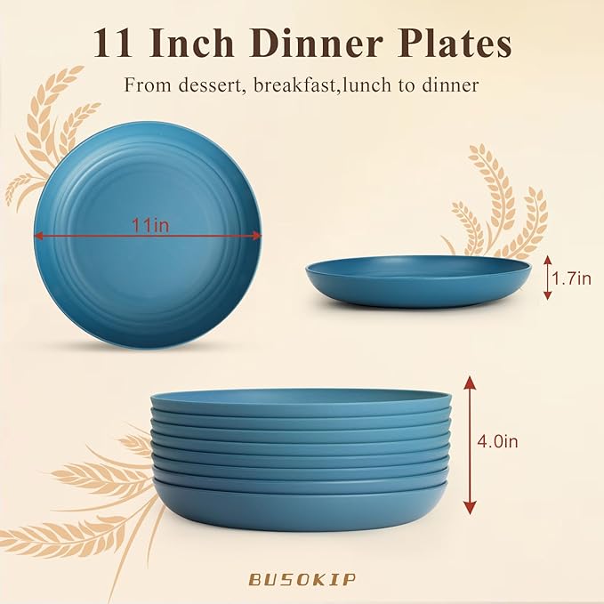 Deep Dinner Plates 11 Inch, Plastic Plates Reusable, Unbreakable Wheat Straw Plates Set of 8, Microwave and Dishwasher Safe Big Plate for Steak, Chicken, Casserole - Blue