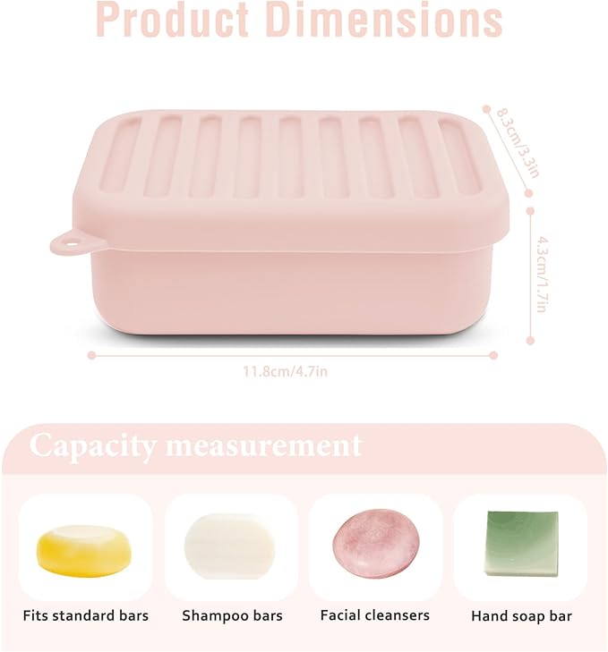 Silicone Travel Soap Case, Leak-Proof Bar Soap Container with Drain Tray, Portable Travel Soap Dish with Lid for Hiking, Gym, Camping, PortableToiletries Accessories (Pink)