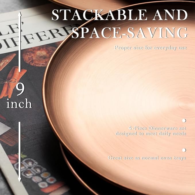Stainless Steel Plates Metal 18/8 Round Dinner Plates - Set of 4 - Food-Grade Dishwasher Safe 9inch Salad Plates for Camping Kids Dining Outdoor (Silver)