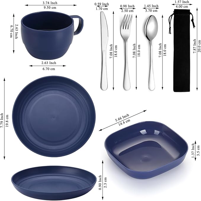 Camping Utensils Set, ReaNea Camping Plates and Bowls Set with Coffee Mug, Travel Cutlery Set Include Spoon, Fork, Knife for Home, Poolside, Outdoor, Picnic, Camp
