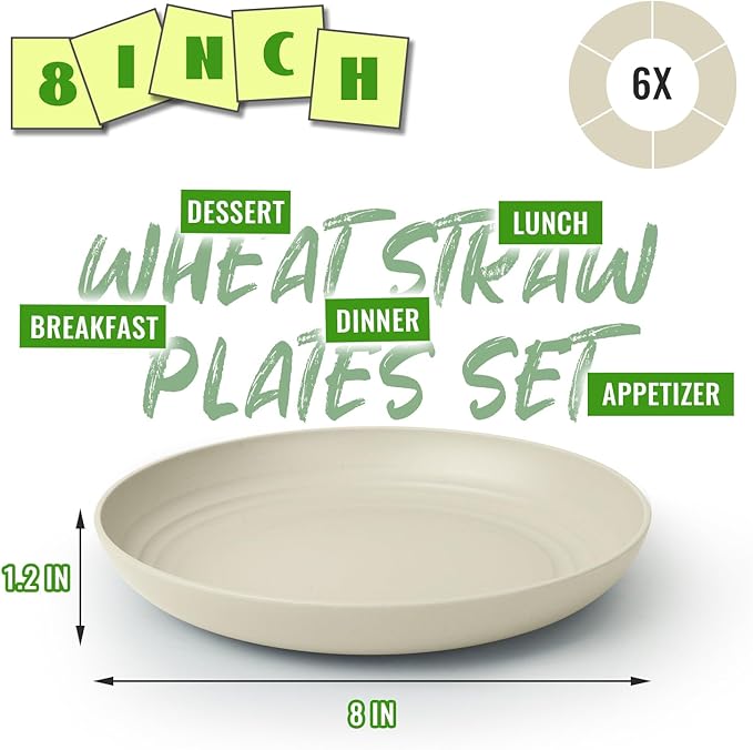 8 Inch Small Plates Set of 6, Wheat Straw Unbreakable Dinner Plates, Reusable Plastic Plates for Appetizer, Microwave Safe, Dishwasher Safe, Ideal for Daily Use, Snacks, LightGrey